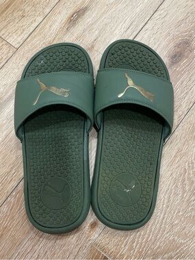 Puma Green Slide Sandals with Gold Puma Emblem